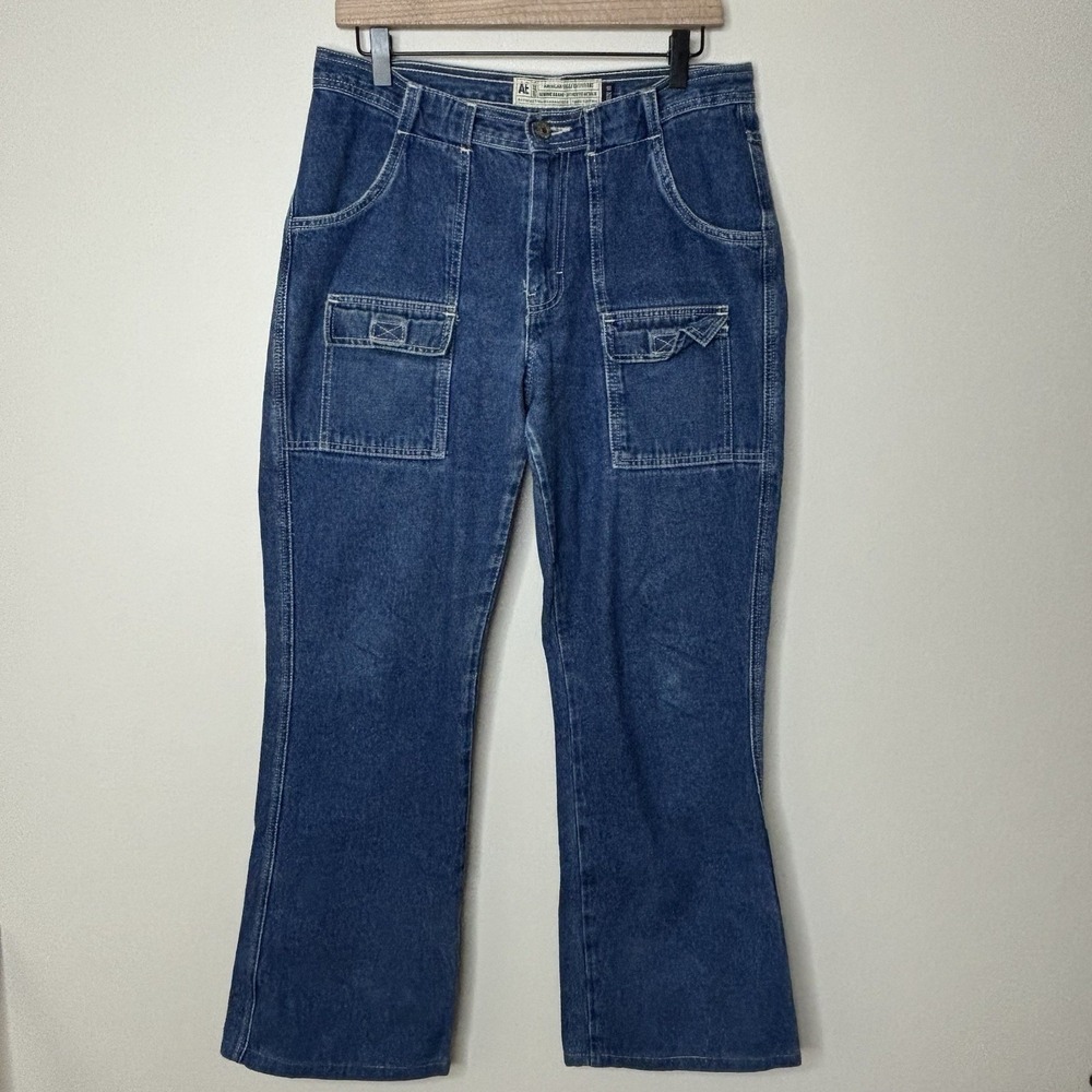Y2K American Eagle Cargo Jeans Women's 10 Blue Vintage Flare Denim Grunge Hippie